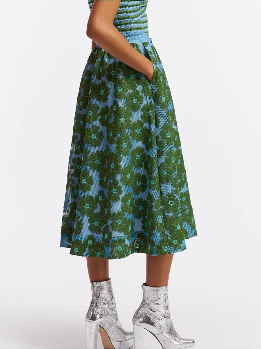 Essentiel Antwerp Gorgeous Lined Green/Blue Floral Midi Skirt - Picture 2 of 7